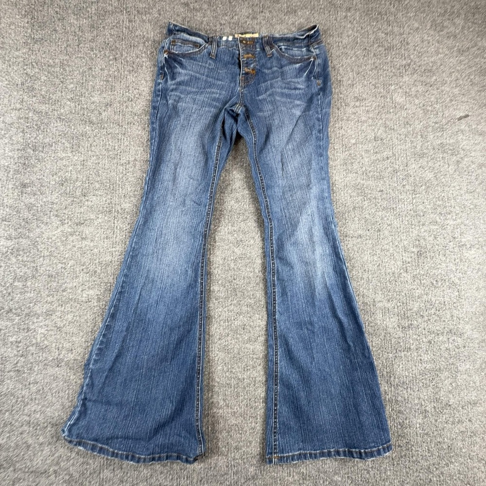 Y2K L.e.i. Jeans Juniors 7 Medium Wash Blue Ultra Low Rise Flare Stretch Denim